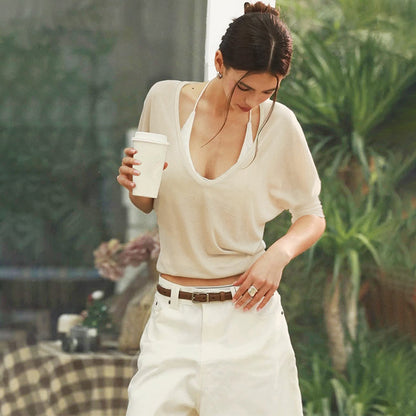 Women Clothing Summer Niche Design See through Anti Blouse Waist Controlled Long Sleeves Top Women