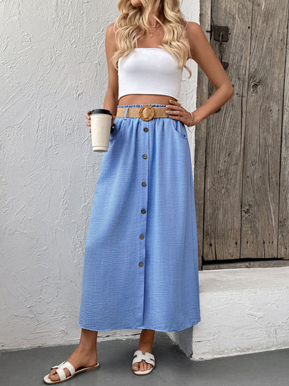 With Belt Skirt Summer Women Clothing Pocket Button Skirt
