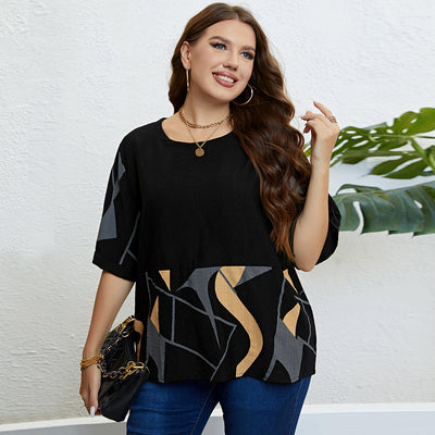 Plus Size Round Neck Art Printed Top Popular Printed Loose Casual