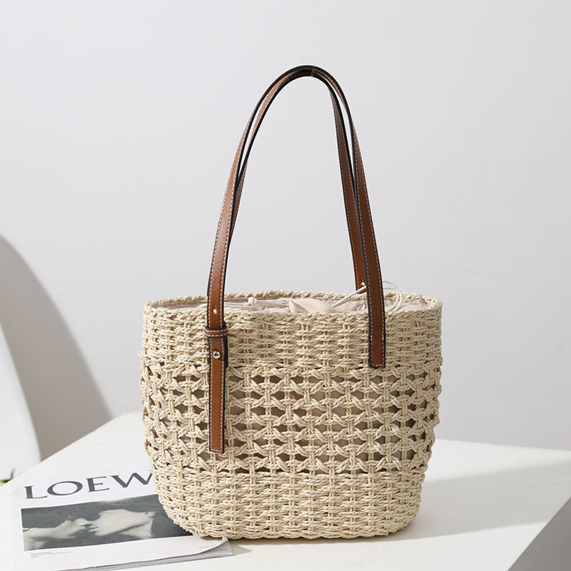 Straw Woven Bag Women Hollow Out Cutout Handmade Straw Bag Woven Bag Shoulder Portable Straw Weaved Bag Seaside Vacation Beach Bag - GLAMWEARS