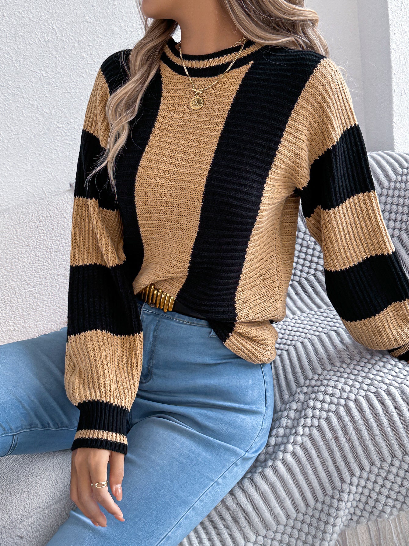 Autumn Winter Casual Contrast Color Striped Lantern Long Sleeve Pullover Women Clothing