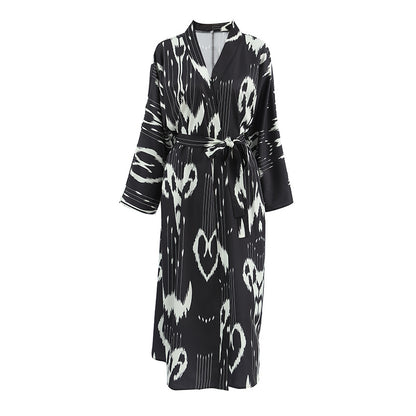 Fall Long Loose Casual Homewear Artificial Silk Printed Cardigan Ladies Robe