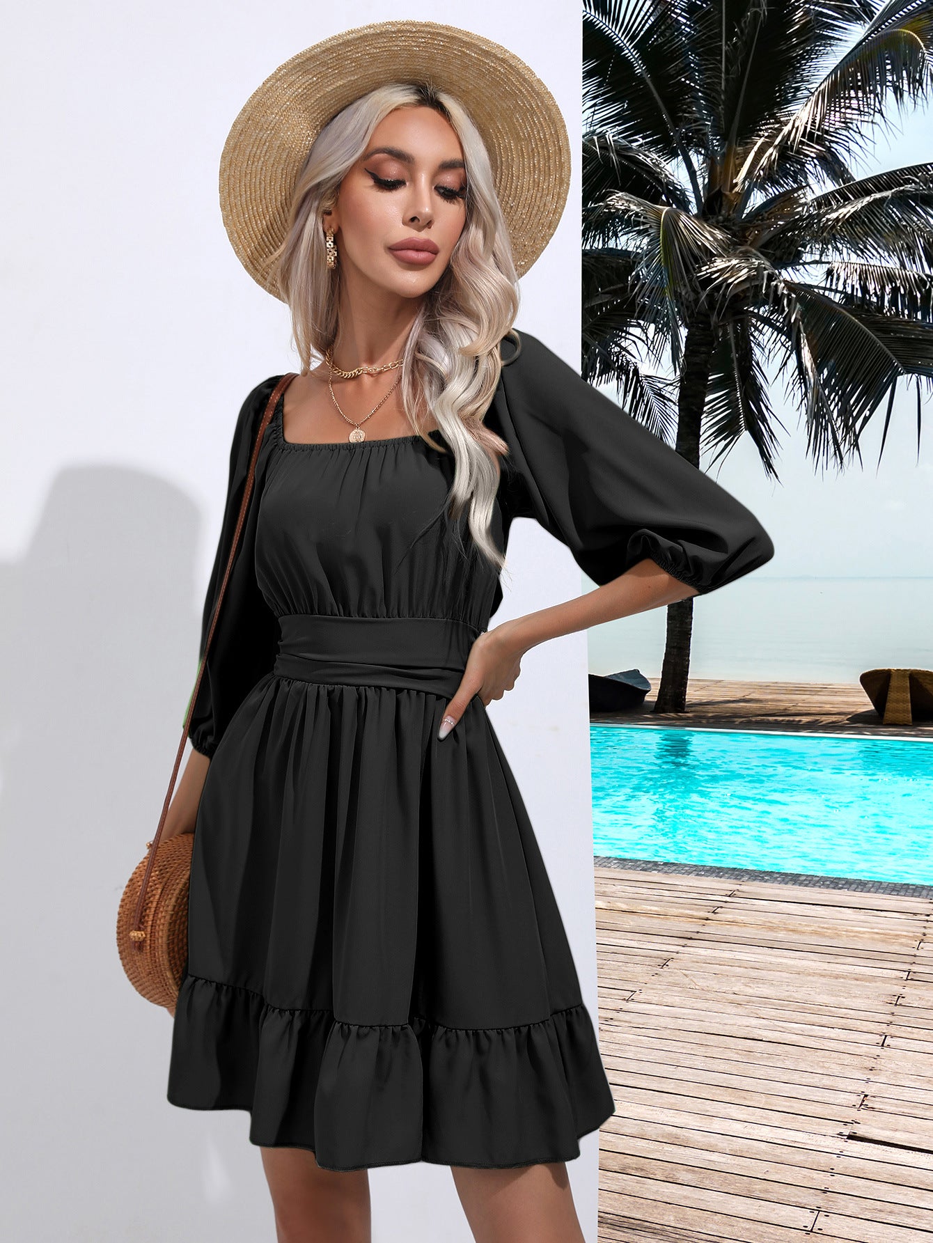 Popular Ruffled Square Collar Dress Lace Dress Women Summer Women Clothing