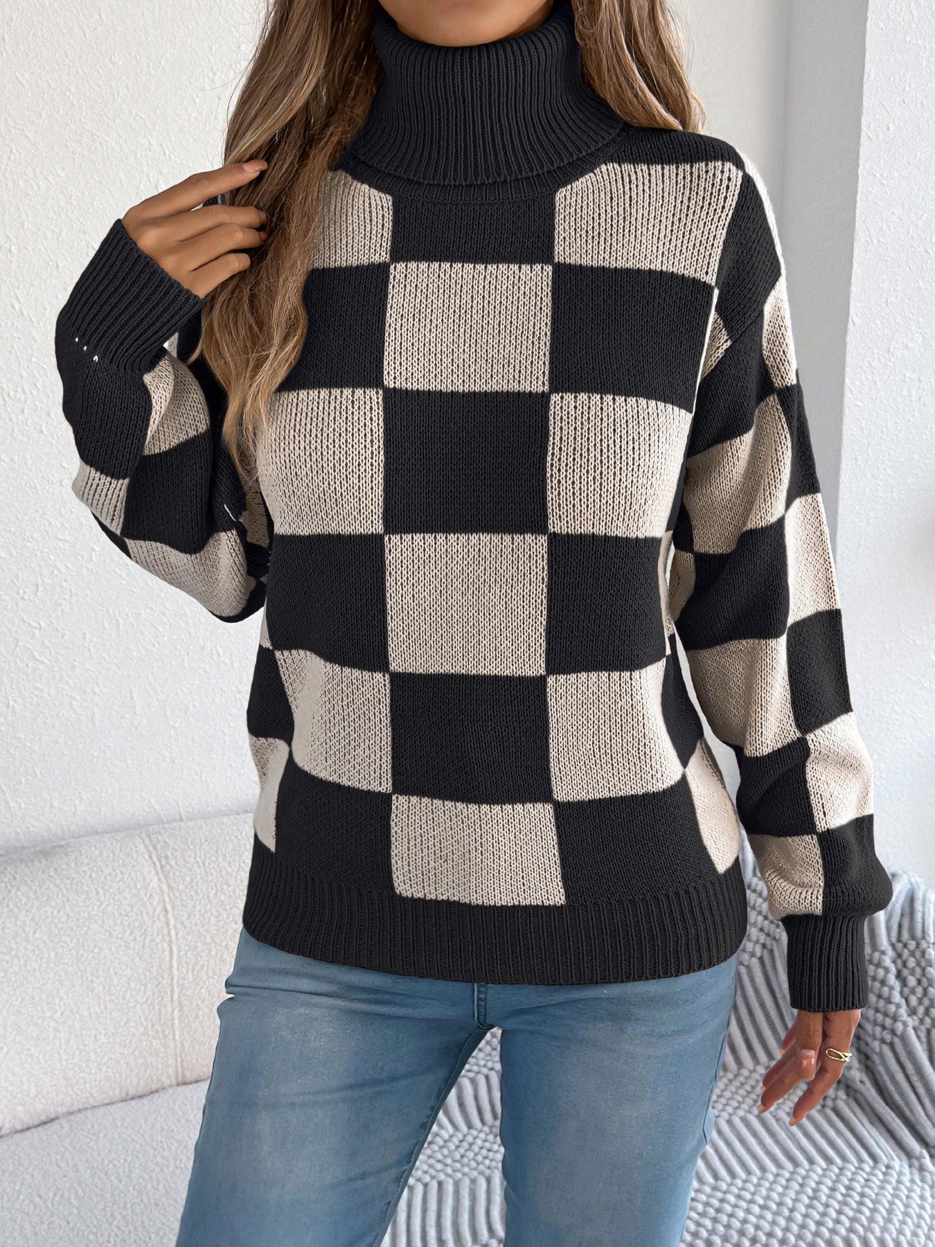 Autumn Winter Casual Turtleneck Color Contrast Check Lantern Long Sleeve Sweater Women Clothing