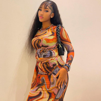 Print round Neck Long Sleeves Cropped Top Sheath Skirt Set Trendy Women