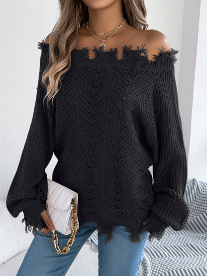 Autumn Winter Solid Color Hollow Out Cutout out Long Sleeve Cut off Shoulder Pullover Sweater Women Clothing