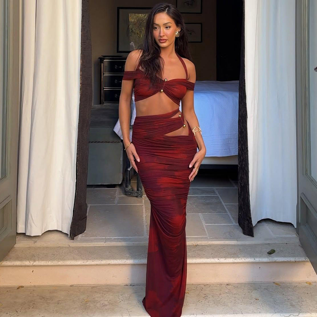 Summer Women Clothing Sexy Halter off Shoulder Spaghetti Straps Vest Slim Pleated Skirt Set