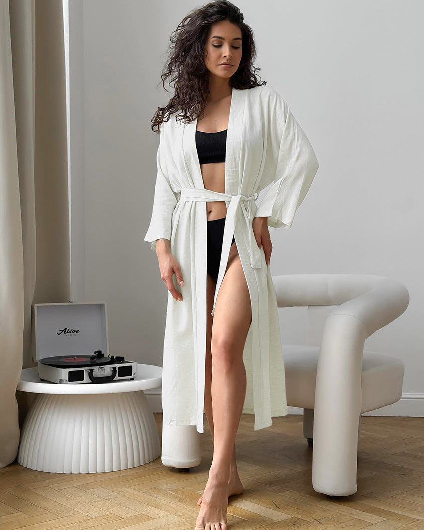 Summer Apricot Cotton Loose Cardigan Lace Up Long Sleeve Nightgown Casual Comfortable Bathrobe Women Homewear