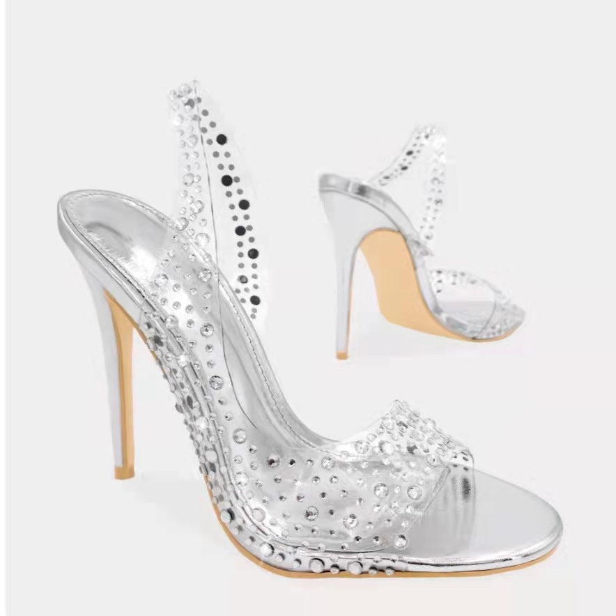 Rhinestone High Heeled Open Toe Sandals Women Pointed Toe Mixed with Crystal Fish Mouth Shoes - GLAMWEARS