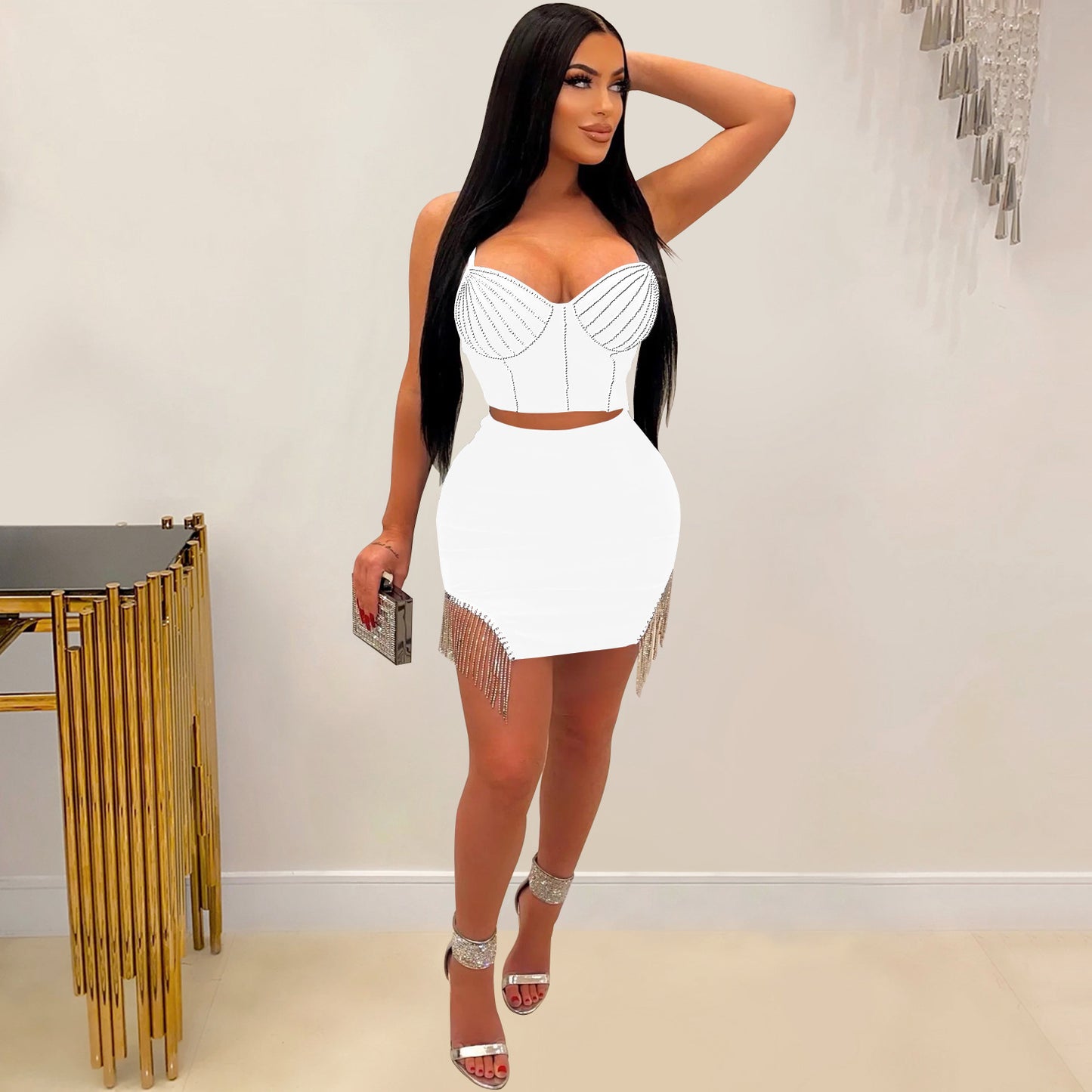 Women Wear Drilling Tassel Sleeveless Slip Dress Two Piece Set