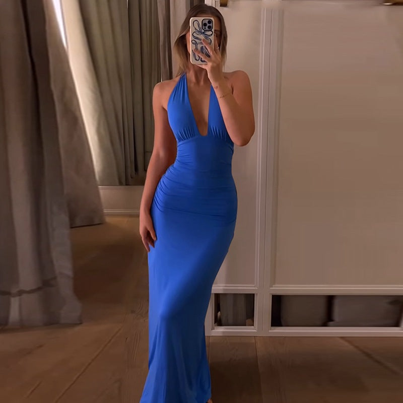 Women Clothing Summer Solid Color Sleeveless Sexy V neck Halter Strap Backless Dress