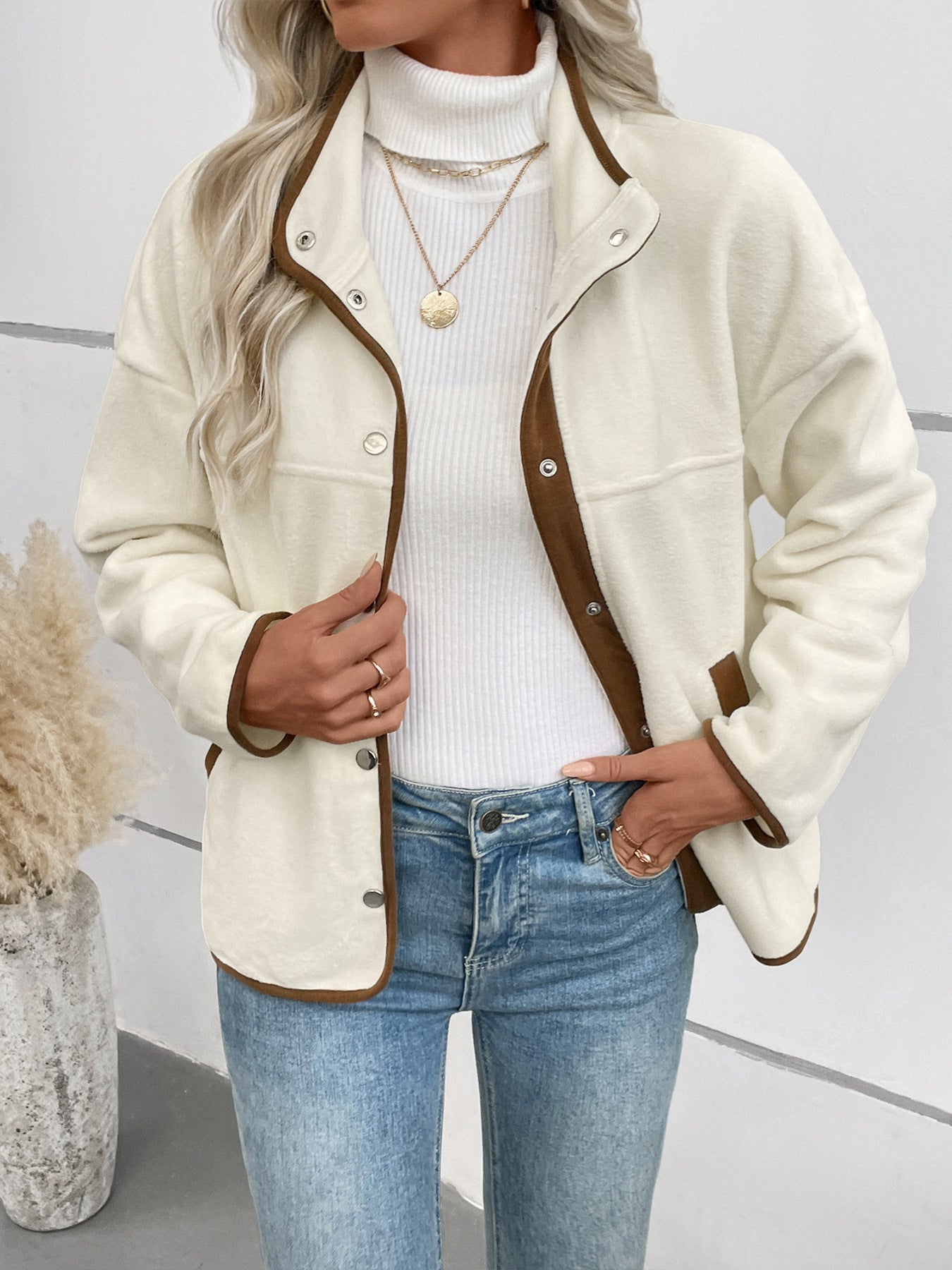 Contrast Color Polar Fleece Cardigan Autumn Winter Women Fleece Short Stand up Collar Casual Jacket