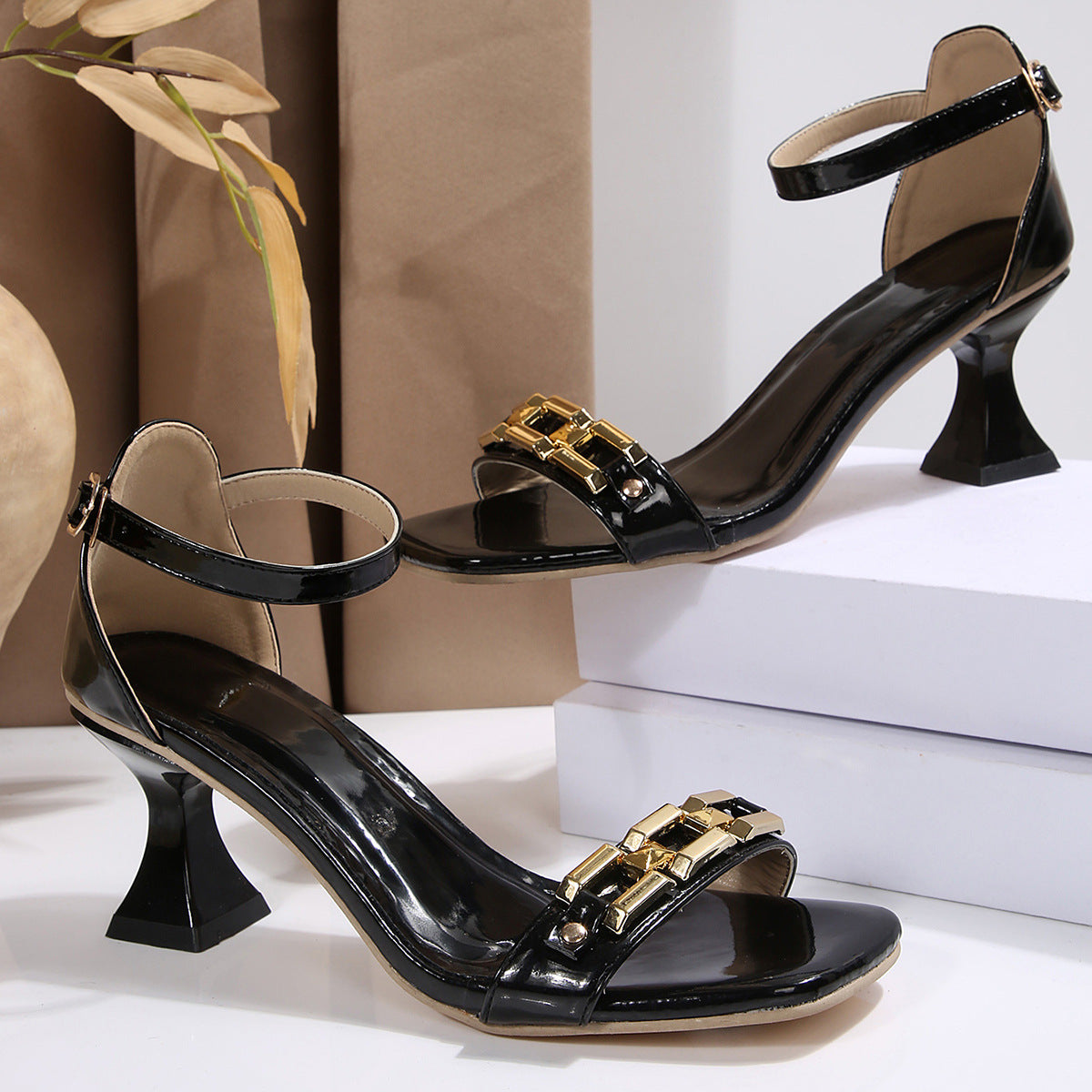 Plus Size Chain Strap Mid Heel Sandals Women Square Toe Buckle Slimming Sandals