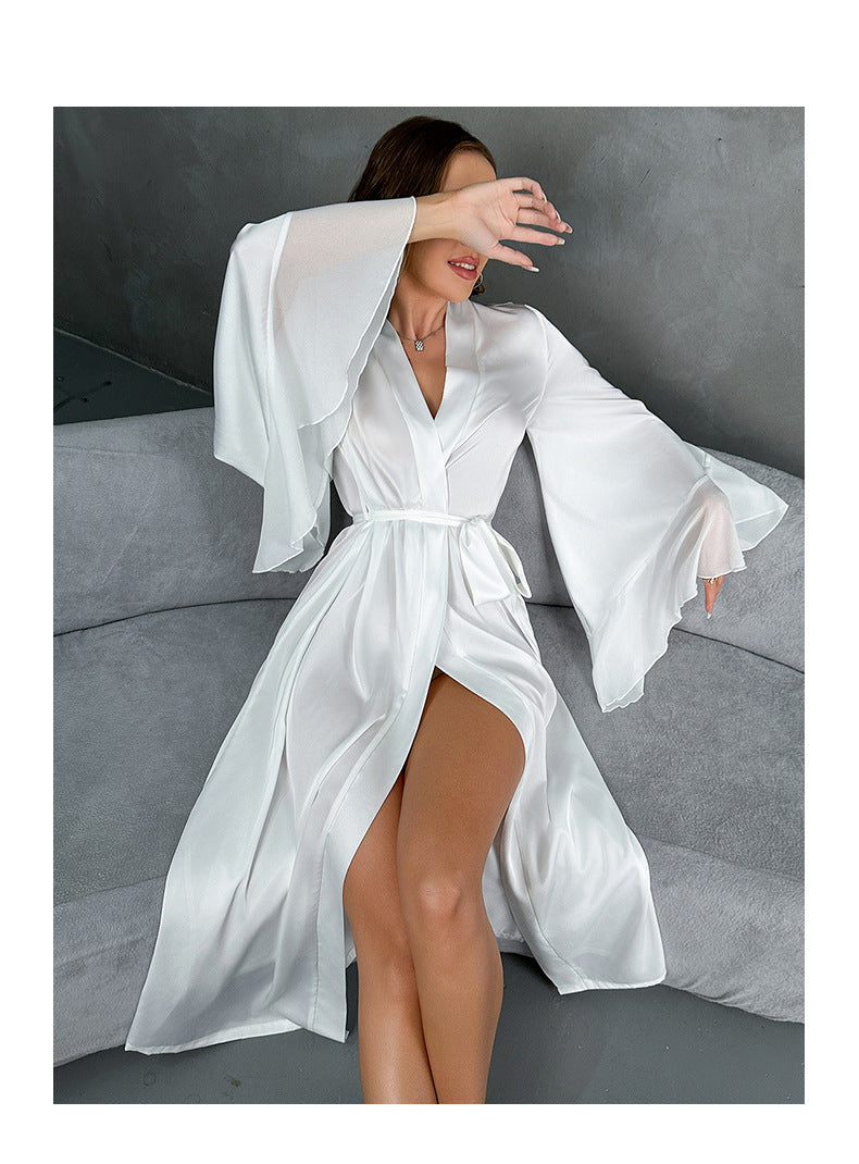 Satin Pajamas Women Long Sleeved Ruffled Chiffon Stitching Nightgown Bathrobe Home Wear Women