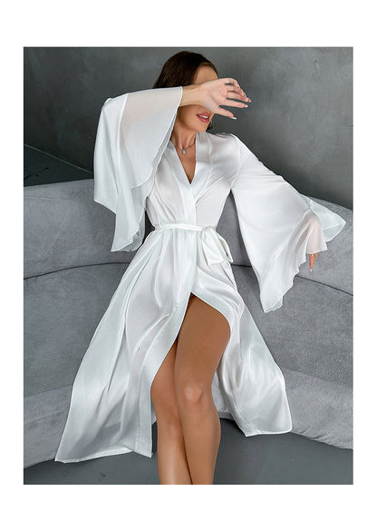 Satin Pajamas Women Long Sleeved Ruffled Chiffon Stitching Nightgown Bathrobe Home Wear Women