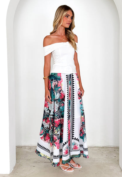 Women Summer High Waist Elastic Waist Loose Printed Long Skirt