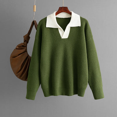 Autumn Winter Knitted Top Women Color Matching Polo Collar Loose Pullover Sweater Outerwear Sweater