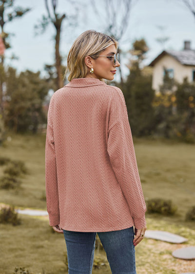 Autumn Winter Solid Color Polo Collar Loose Long Sleeve Sweatershirt Coat Women Jacket