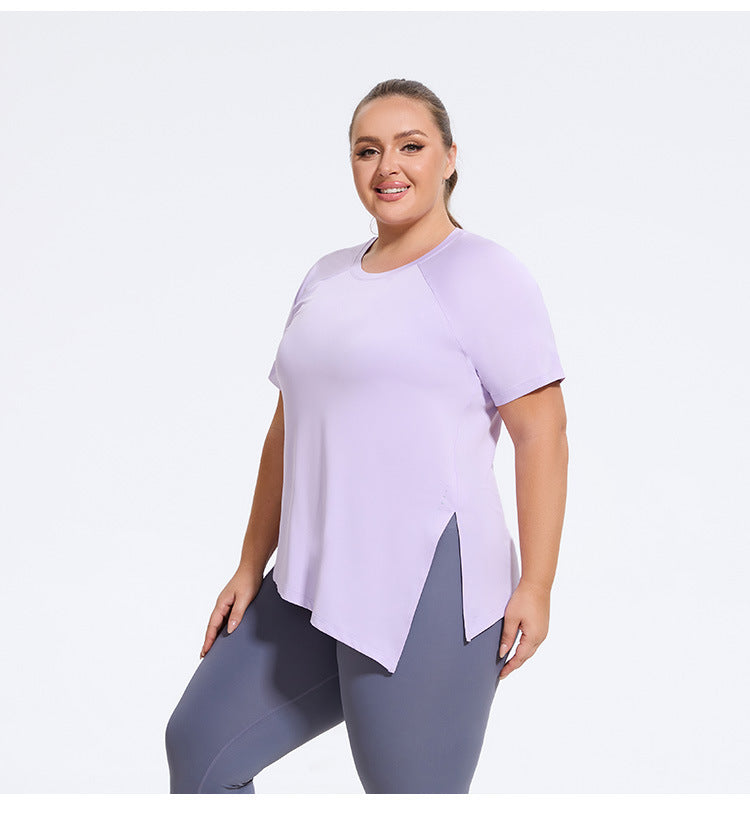 Plus Size Yoga Wear Women Sports Top T shirt with Short Sleeves Split Running Pilates Training Loose Blouse Workout Clothes