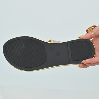Rhinestones Strap Toe Covering Flat Slippers Women Outer Wear Golden Beach Sandals