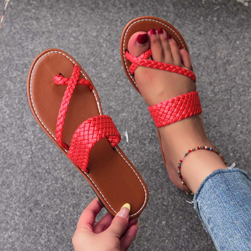 Flat Bottom Toe Ring Slippers Women Simple Knitted Belt Lightweight Beach Slippers Slippers