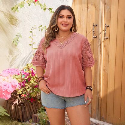 Plus Size Summer T shirt Solid Color Short Sleeve Top Hollow Out Cutout out Printed V neck Top