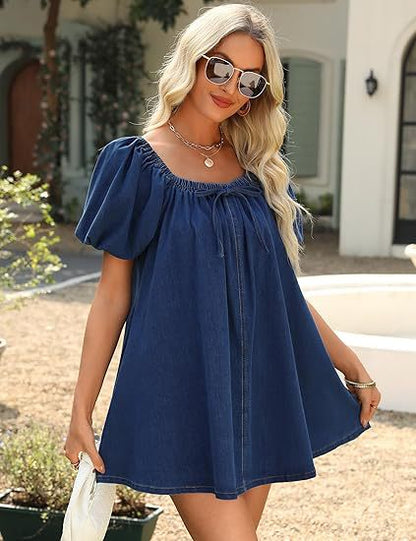 Women Summer Square Collar Puff Sleeve Lace up Elegant Short Denim Dress
