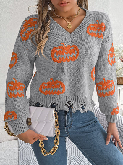 Autumn Winter Halloween Contrast Color Pumpkin Cut Rotten Long Sleeve Pullover Women Clothing