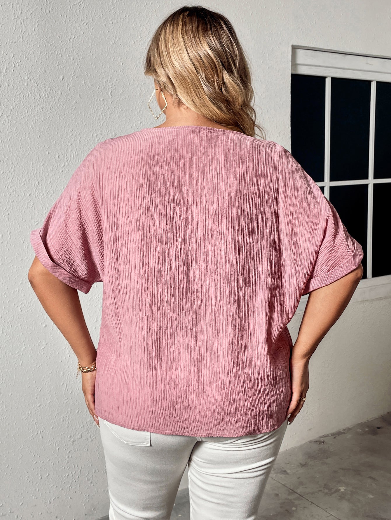 Plus Size Summer Autumn Linen V neck Buttons Loose Slimming Short Sleeve Shirt Top Women