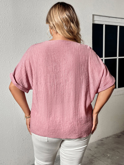 Plus Size Summer Autumn Linen V neck Buttons Loose Slimming Short Sleeve Shirt Top Women