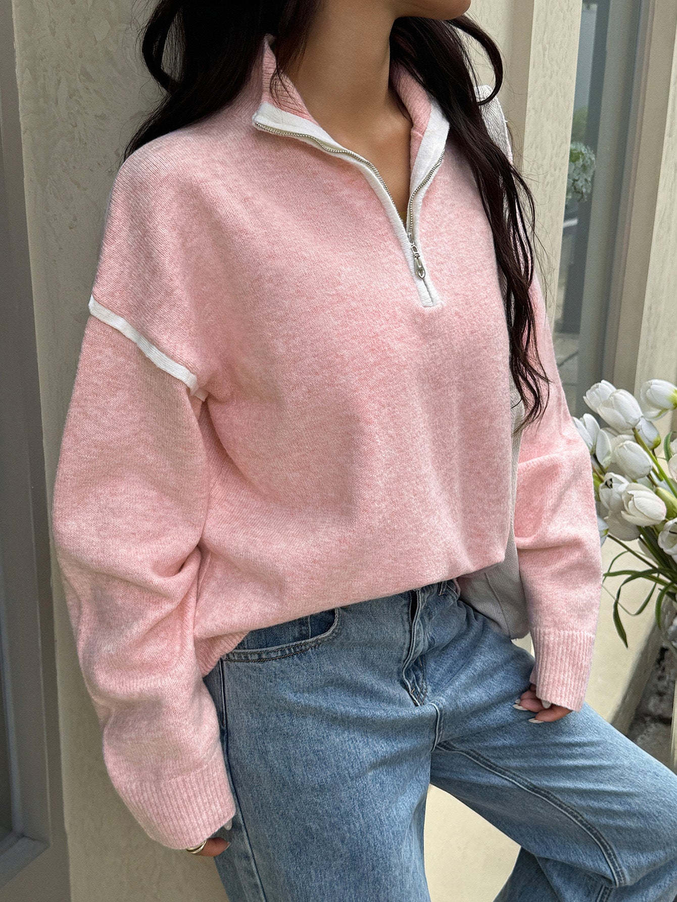 Casual Simple Solid Color Long Sleeve Zipper Sweaters Women Clothing Autumn Winter