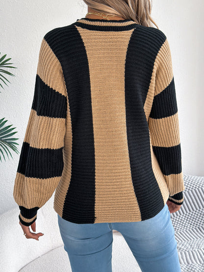 Autumn Winter Casual Contrast Color Striped Lantern Long Sleeve Pullover Women Clothing