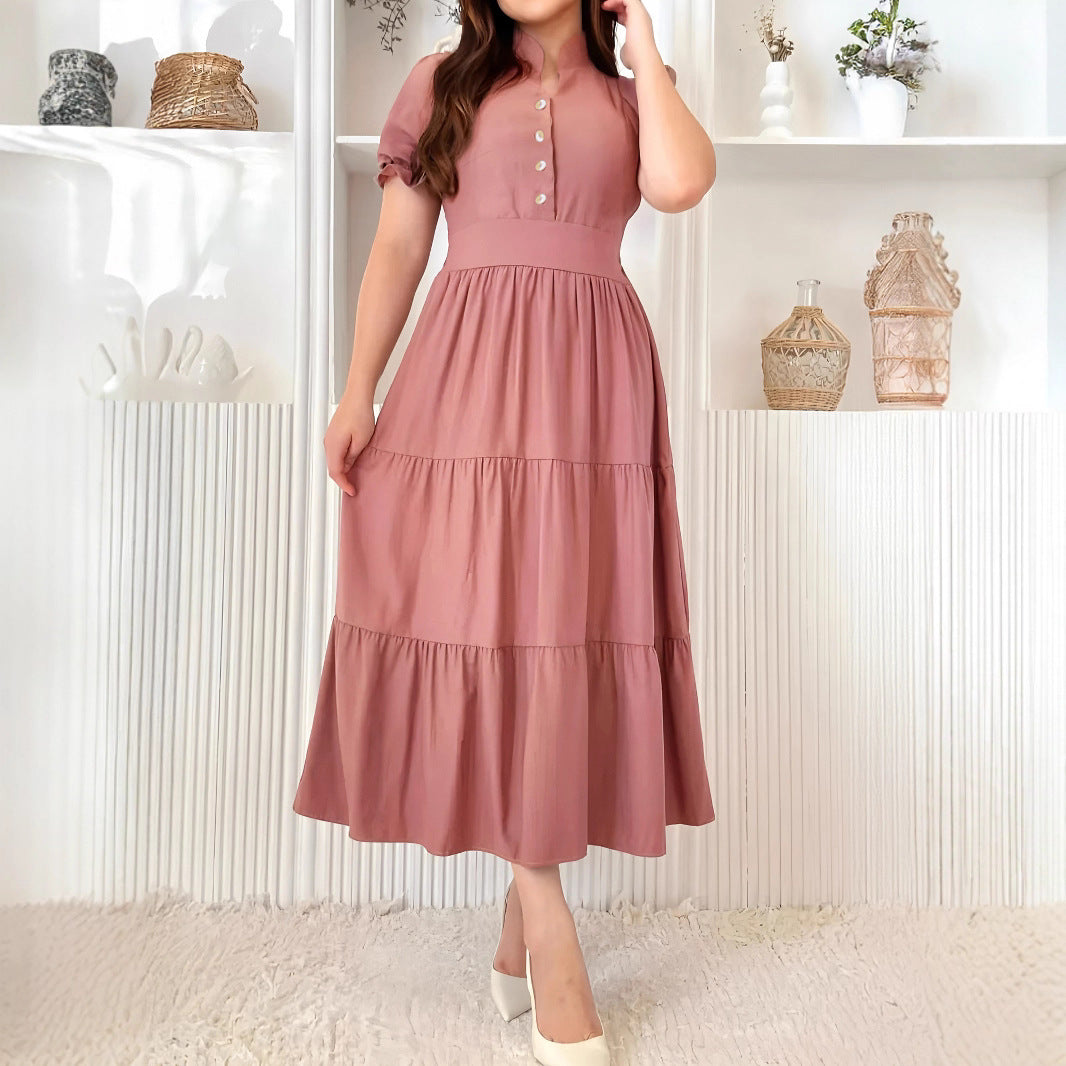 Women Solid Color Casual Short Sleeve V neck Waist Button A line Dress