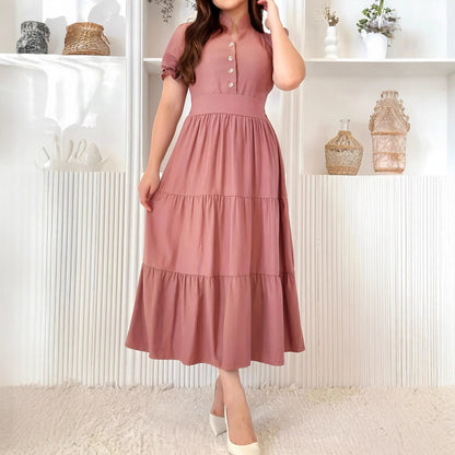 Women Solid Color Casual Short Sleeve V neck Waist Button A line Dress