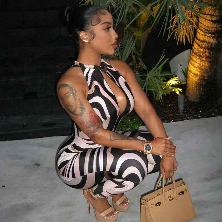 Personality Women Sleeveless Zebra Pattern Jumpsuit - Hollow Out Cutout Slim Fit Sheath Long Jumpsuit