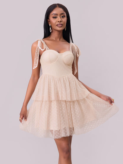 Women Clothing Evening Dress Lace up Shoulder Pleated Hem Mesh Dress