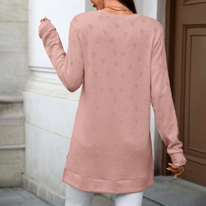 Autumn Winter Solid Color round Neck Loose Long Sleeve Split T shirt Top Women