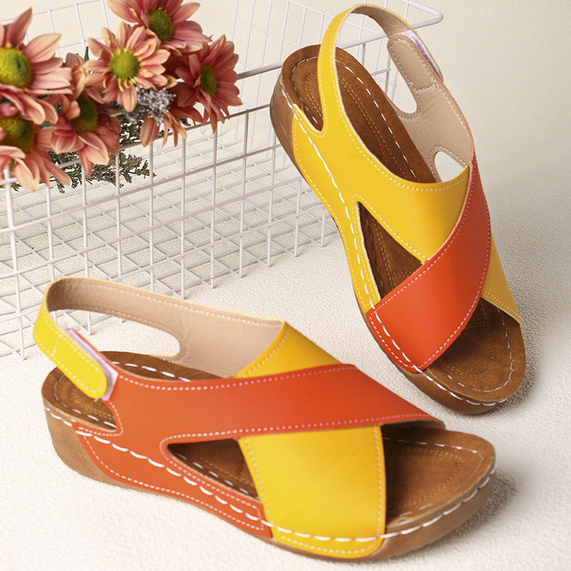 Platform Cross Wedge Sandals Women Outer Wear Contrast Color Breathable Velcro Beach Slippers