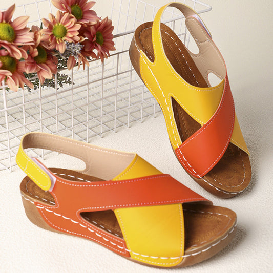 Platform Cross Wedge Sandals Women Outer Wear Contrast Color Breathable Velcro Beach Slippers