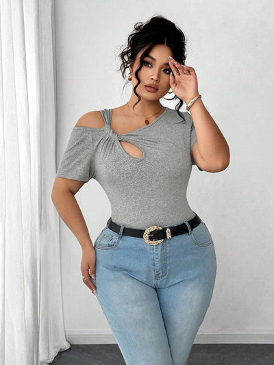 Plus Size Women Summer Simple T shirt Twist Design Irregular Asymmetric Short Top