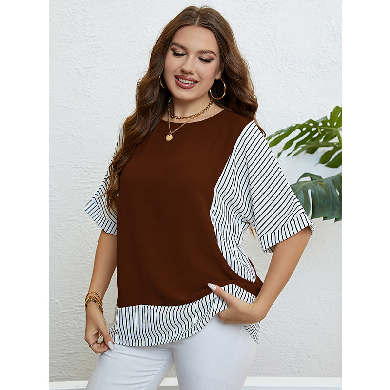 Summer round Neck Stitching Faux Two Piece Plus Size Women Top