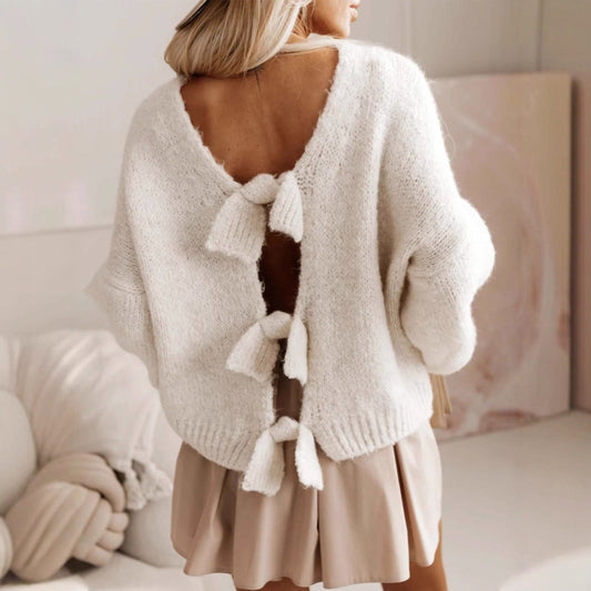Autumn Winter Bow Tie Women Knitwear Sexy Backless Loose Sweater Top