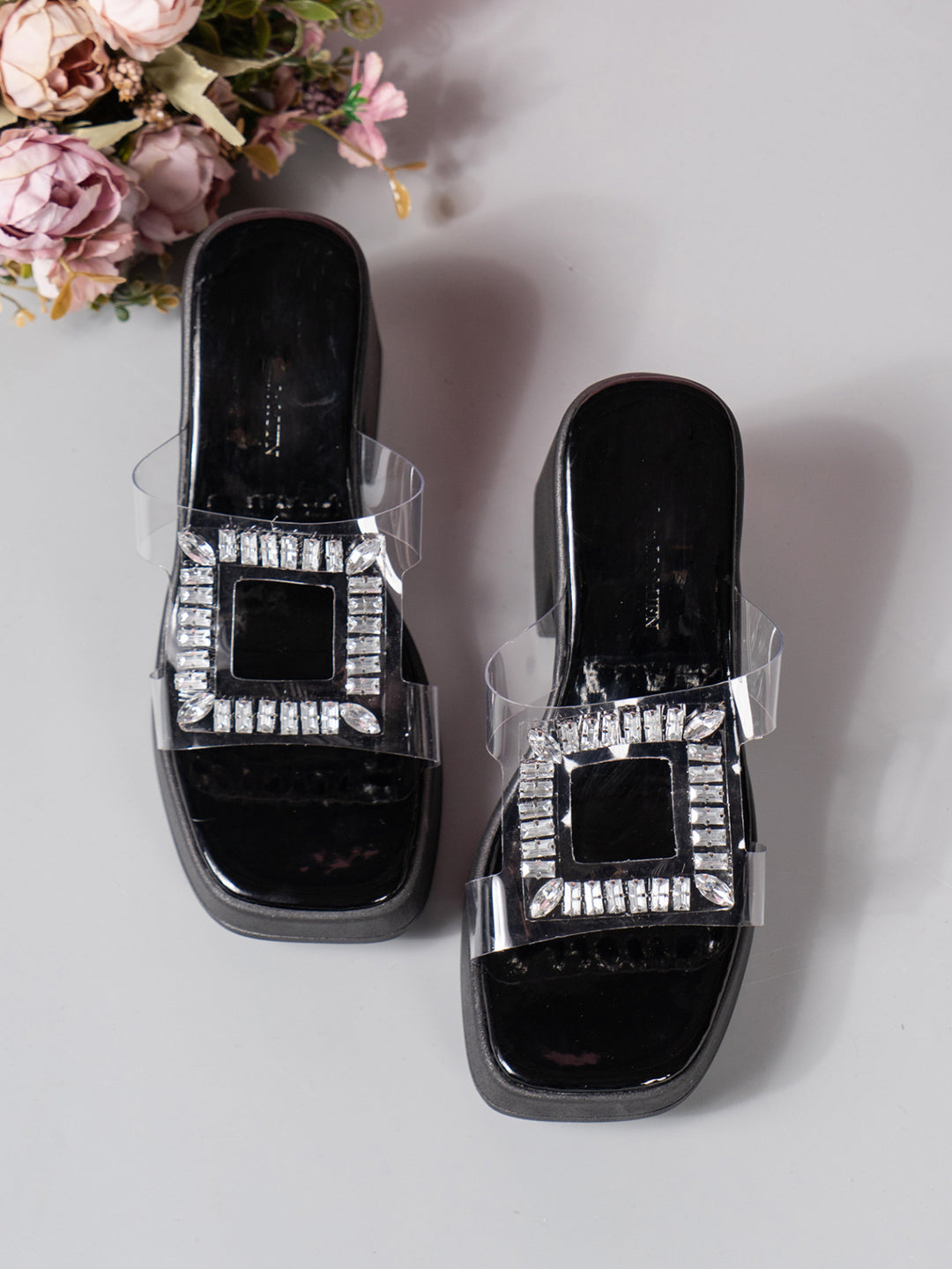 High Heel Square Toe Rhinestone Slippers Women Outer Wear Waterproof Platform Thick Bottom Slippers - GLAMWEARS