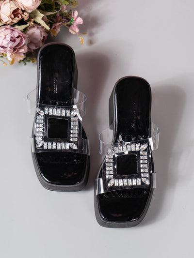 High Heel Square Toe Rhinestone Slippers Women Outer Wear Waterproof Platform Thick Bottom Slippers