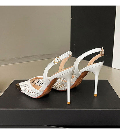 Hollowed out Woven Stiletto Sandals Women High Grade Metal Pointed Toe Strap High Heels