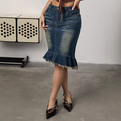 Sexy Women High Elastic Fishtail Skirt Slimming Sheath High Waist Retro Denim Skirt