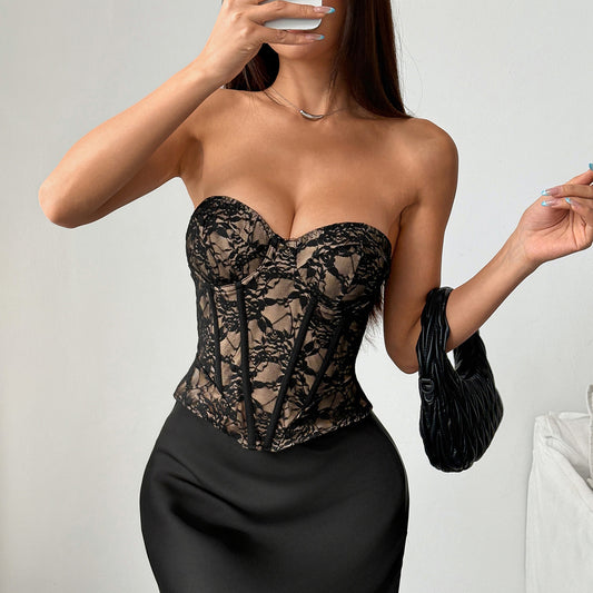 Temptation Adult Lady like Woman Sexy Lace Niche Design Tube Top Cinched Waist Backless Top