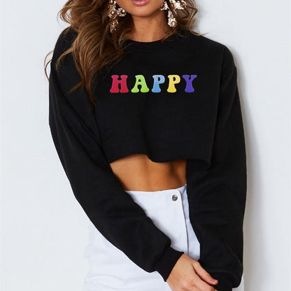 Women Clothing Autumn Winter Internet Celebrity Happy Letter Graphic Printed round Neck Loose Short Long Sleeve Sweatshirt