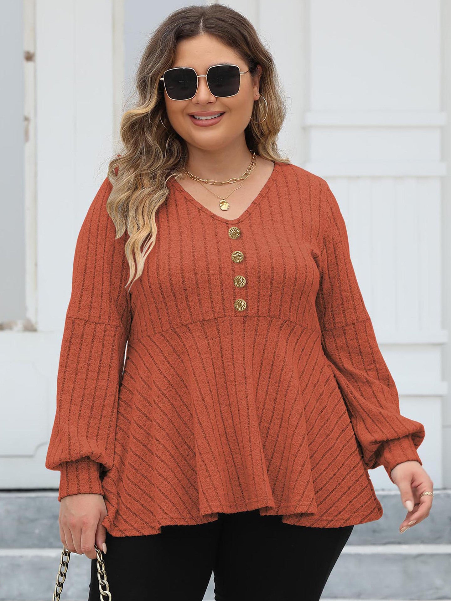 Women Tops plus Size Women Doll Shirt V neck Sunken Stripe Fleece Lantern Sleeve T shirt Gold Fastener Decoration Top