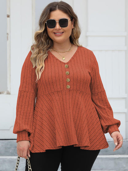 Women Tops plus Size Women Doll Shirt V neck Sunken Stripe Fleece Lantern Sleeve T shirt Gold Fastener Decoration Top